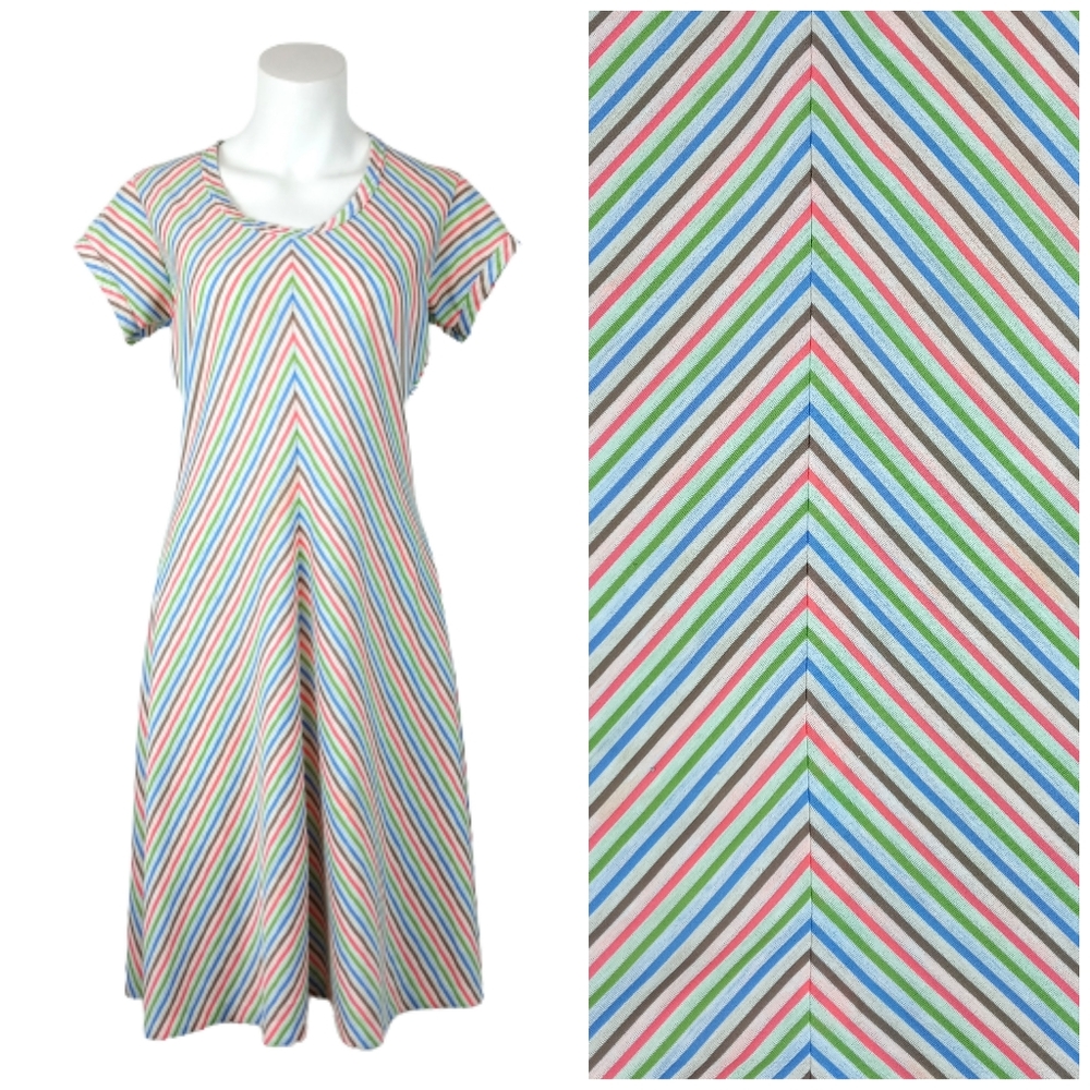 1960's Mam'selle Multicolored Chevron Striped Below Knee Short Sleeve Dress